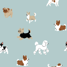 Hydrofiel stof bedrukt Honden Babyblauw