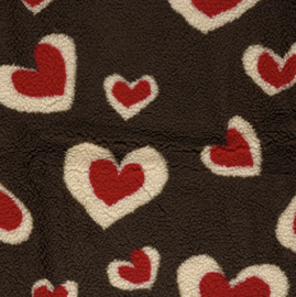 Sherpa Fleece stof bedrukt Harten Donkerbruin