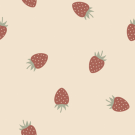 Katoen Jersey stof bedrukt Aardbeien Beige