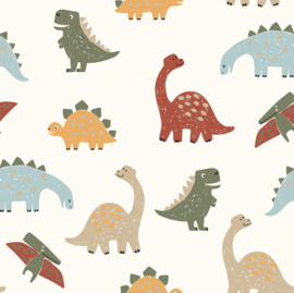 Hydrofiel stof bedrukt Dino colorfull Gebroken wit