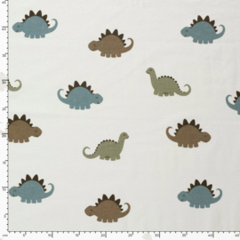 Flanel bedrukt Dinosaurussen gebroken wit