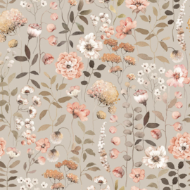 Aqua protect stof bedrukt bloemenpret  taupe grijs