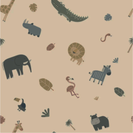 Aqua protect stof bedrukt Dierentuin dieren beige