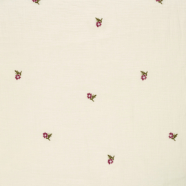 Hydrofiel stof geborduurd Bloemen Gebroken wit/fuchsia