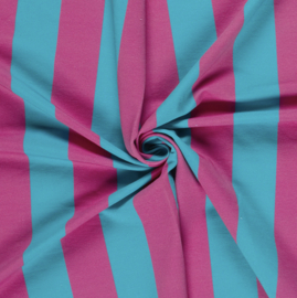 French Terry stof digitaal bedrukt Strepen Aqua/Fuchsia