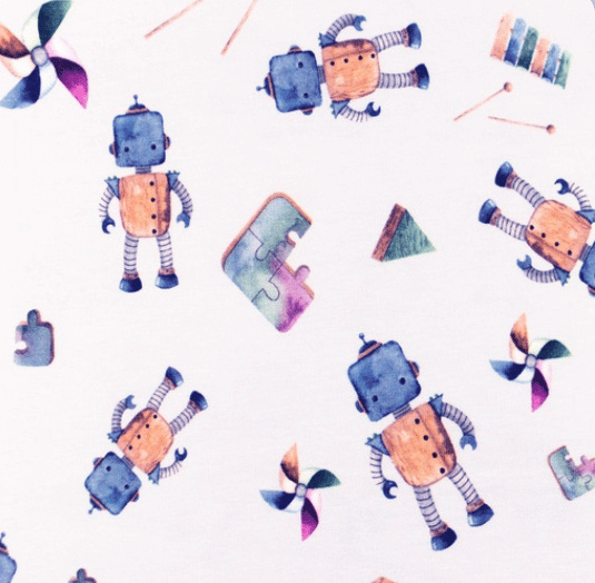 Snoozy fabrics tricot digitaal bedrukt Robots ijsblauw