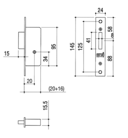 Inbouwslot  9791-S-20   Doorn 20 mm