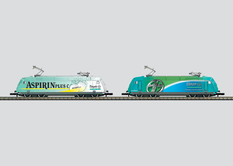 Marklin 88683 2 Elektrolokomotiven Baureihe 101 der Deutschen Bahn AG (DB AG) in unterschiedlichen Gestaltungen der Bayer AG.