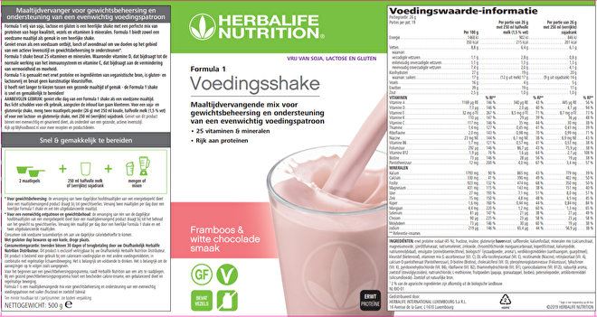 Labelinformatie Herbalife Formula 1 Vrij Van voedingsshake Framboos & witte chocolade 500 g