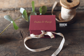 Ring box burgundy linen with vintage ivory ribbon