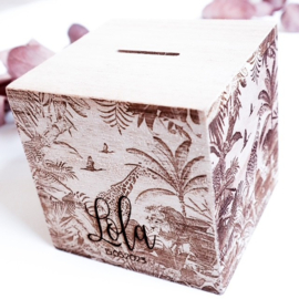 Gepersonaliseerde houten spaarpot vierkant