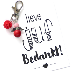 Geluksengeltje rood met kaartje Lieve juf bedankt!