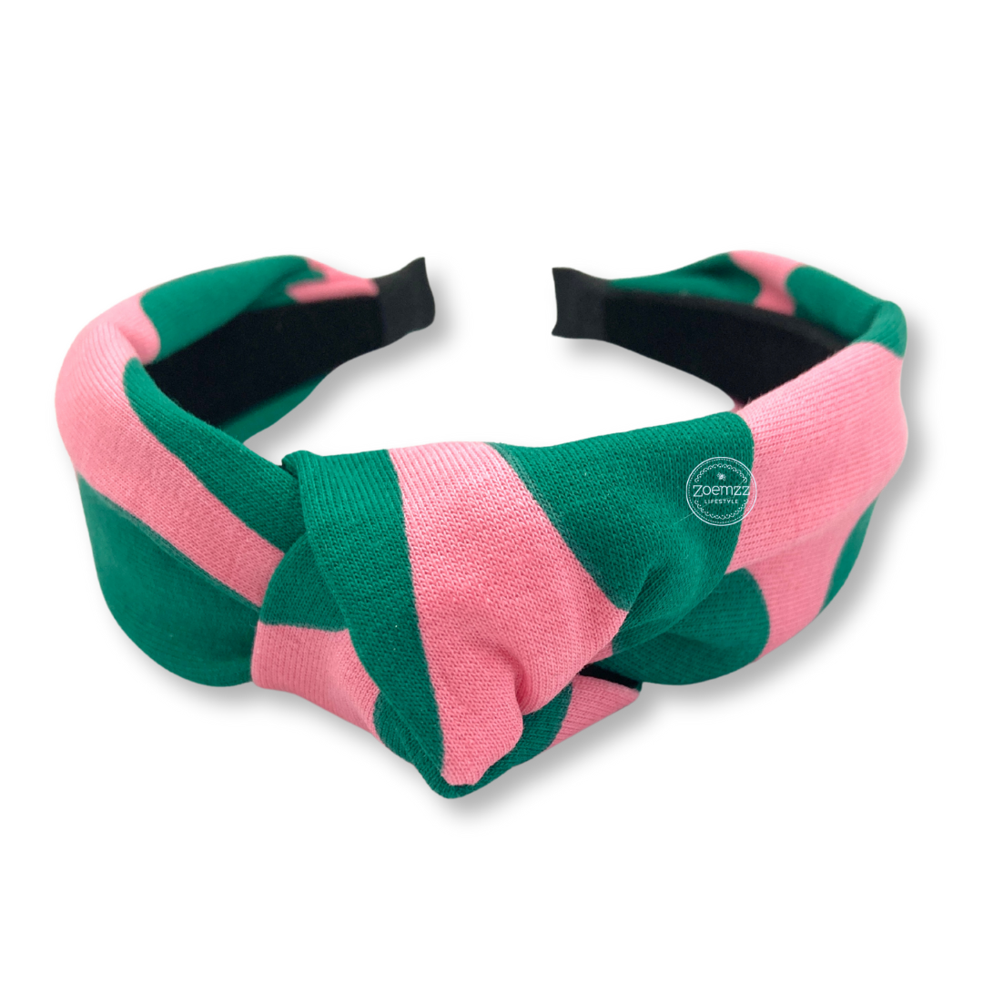 Brede knoophaarband groen roze