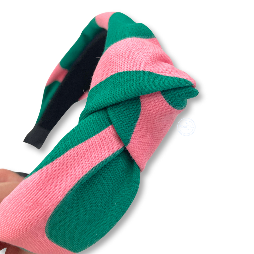 Brede knoophaarband groen roze