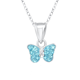 Zilveren kinderketting vlinder blauw