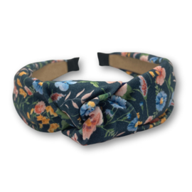 Knoophaarband donkerblauw met bloemen