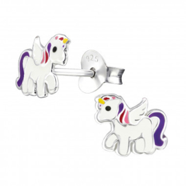 Meisjesoorbellen zilver met unicorn paars