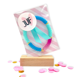 Twisted juf armband blauw roze goud