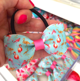 Haarelastiek met strik flamingo aqua