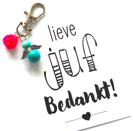 Geluksengeltje met kaartje Lieve juf bedankt!