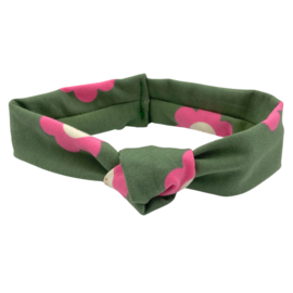 Knoophaarband donkergroen met bloemen