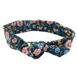 Knoophaarband donkerblauw met bloemen