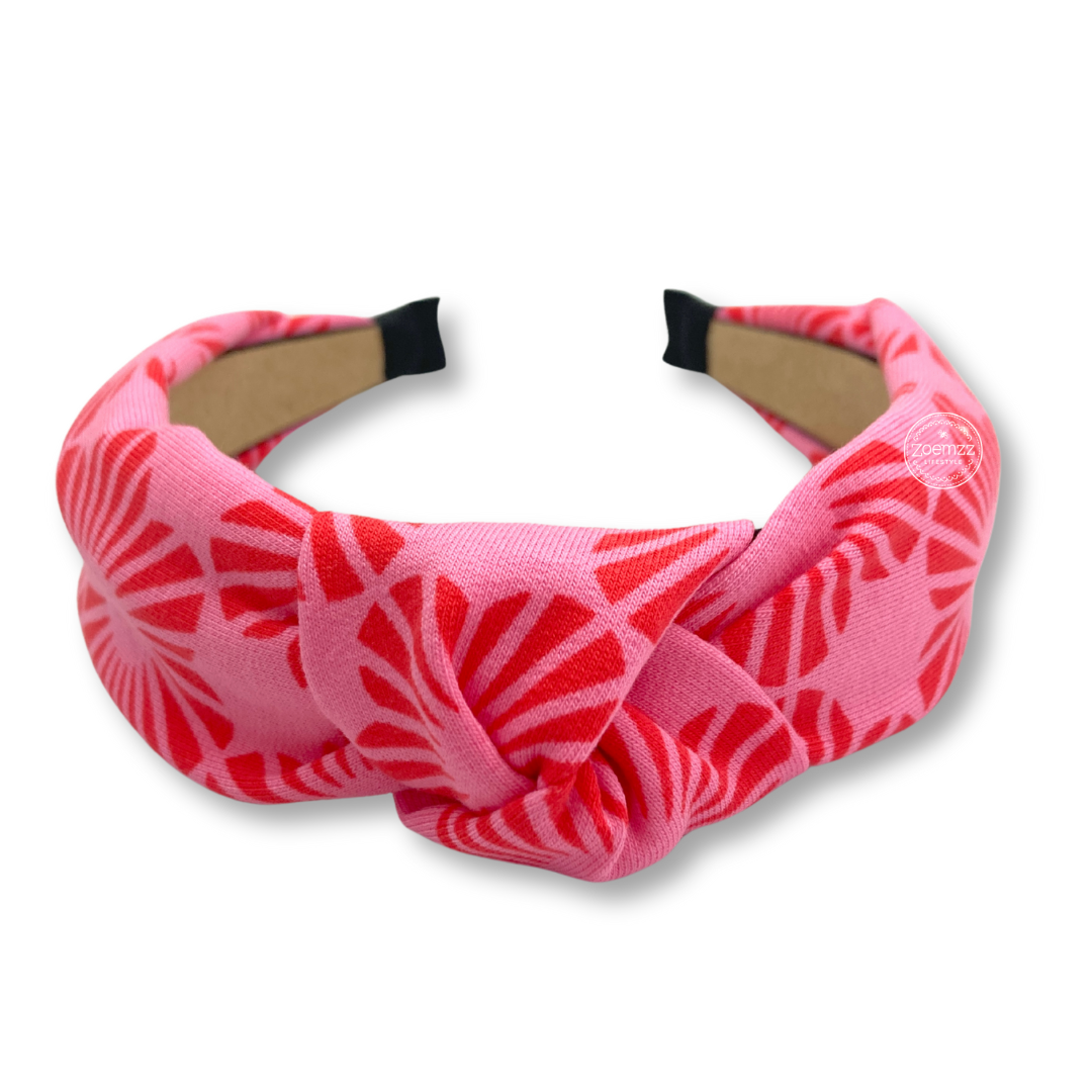 Brede haarband met knoop roze bloemen