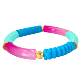 Twisted juf armband blauw roze goud