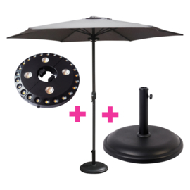 Parasol Ø 300CM + Voet 25KG Rond Beton + LED Verlichting