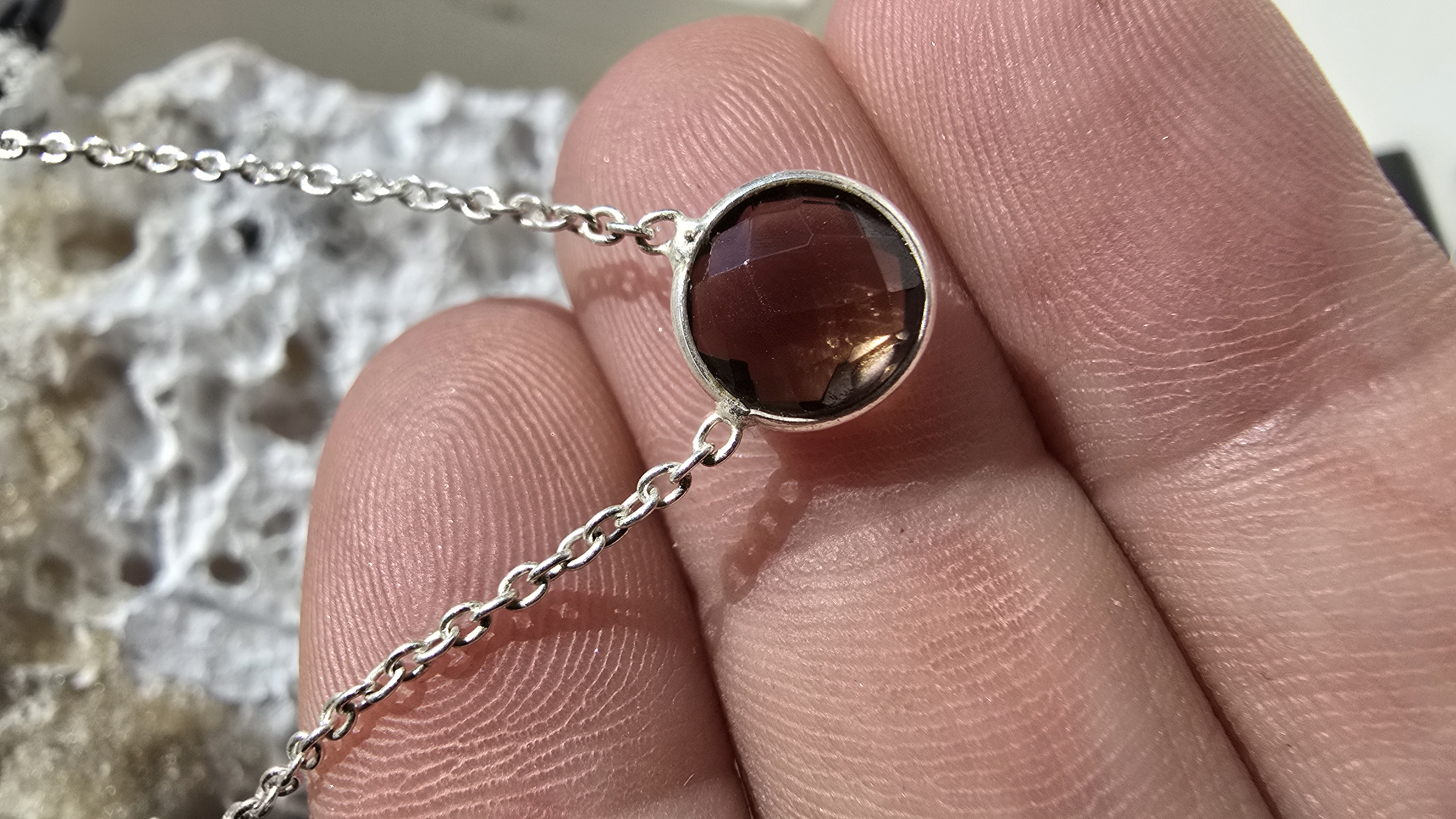 Edelsteen zilver ketting Rookkwarts rond