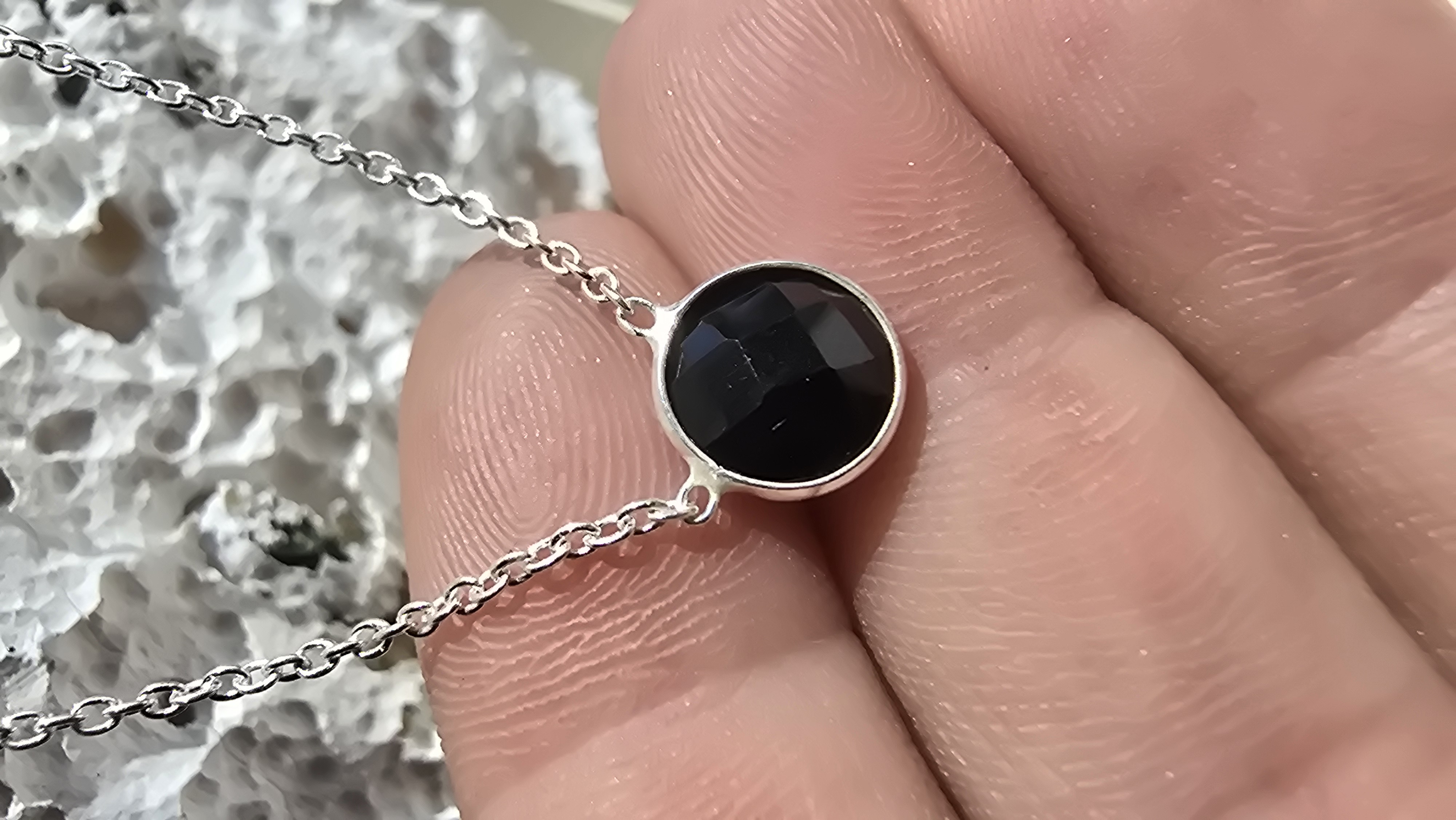 Edelsteen zilver ketting Onyx rond