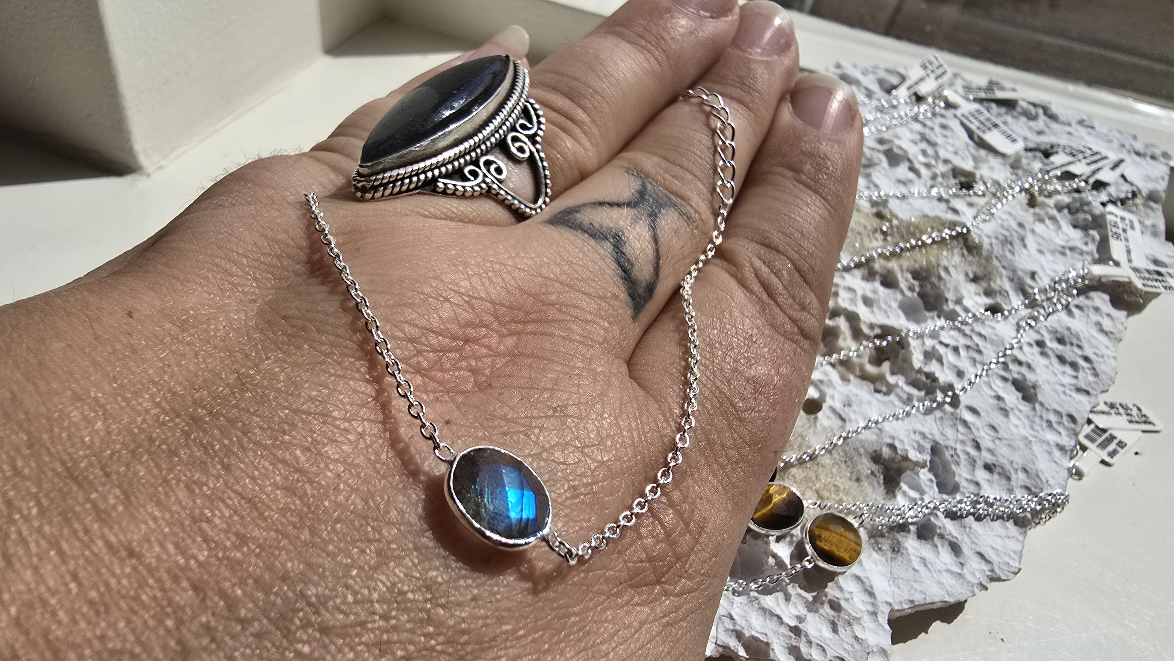 Edelsteen zilver armband Labradoriet Ovaal (enkel)