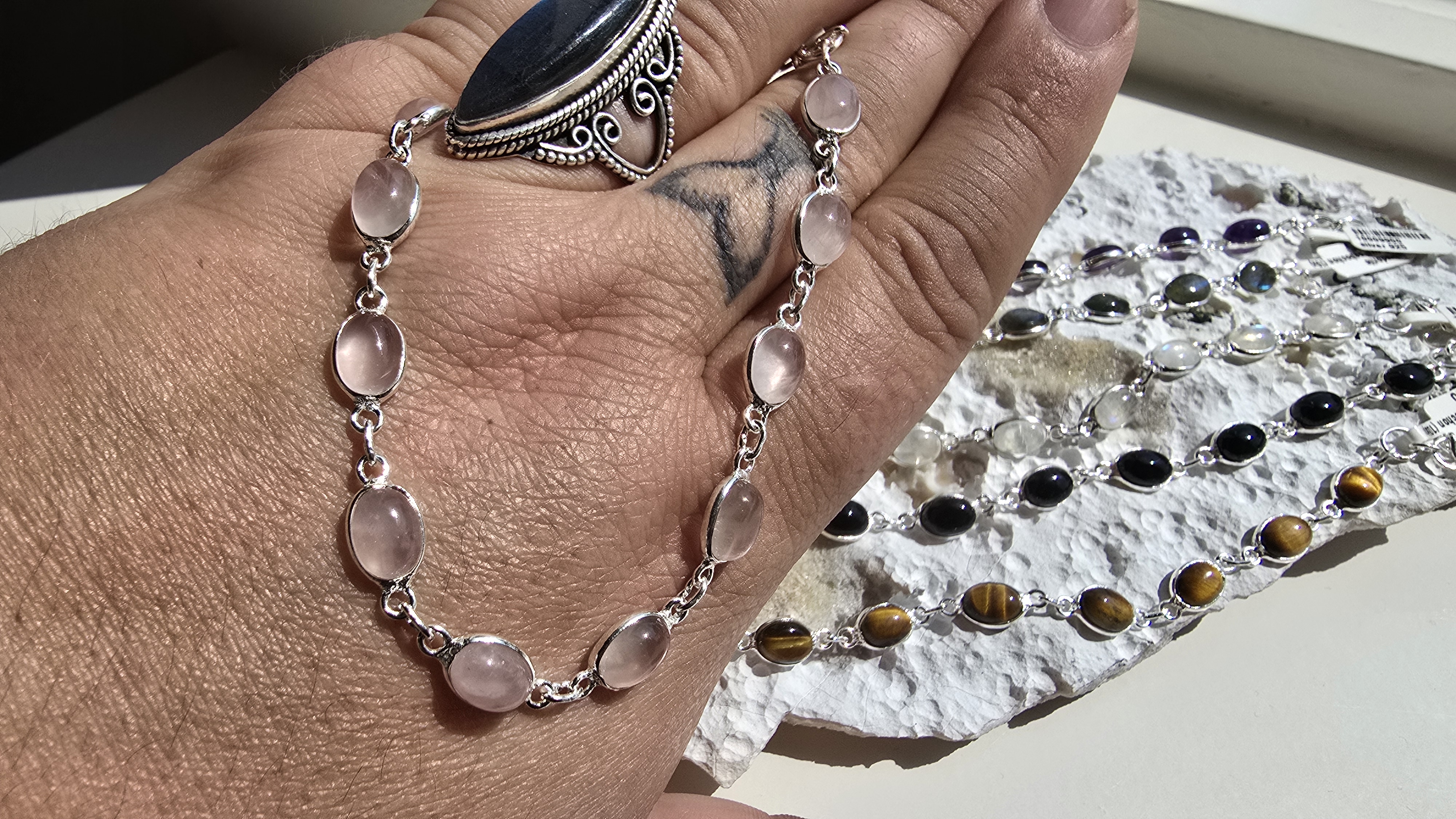 Edelsteen zilver armband Rozenkwarts Ovaal