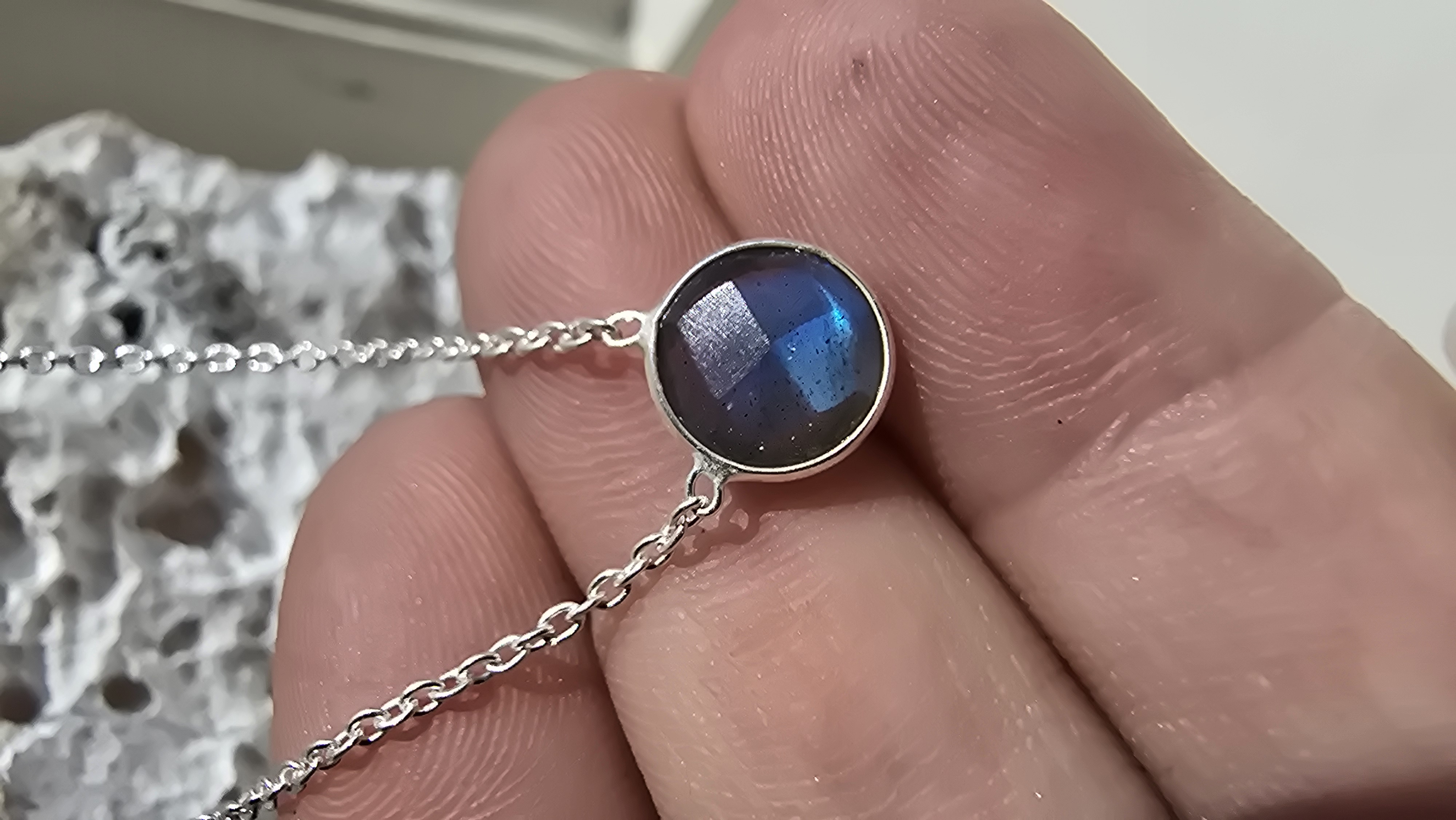 Edelsteen zilver ketting Labradoriet rond