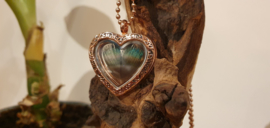 Ketting Memory Locket Rose heart- Peacock feather