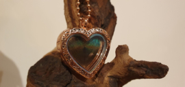 Ketting Memory Locket Rose heart- Peacock feather