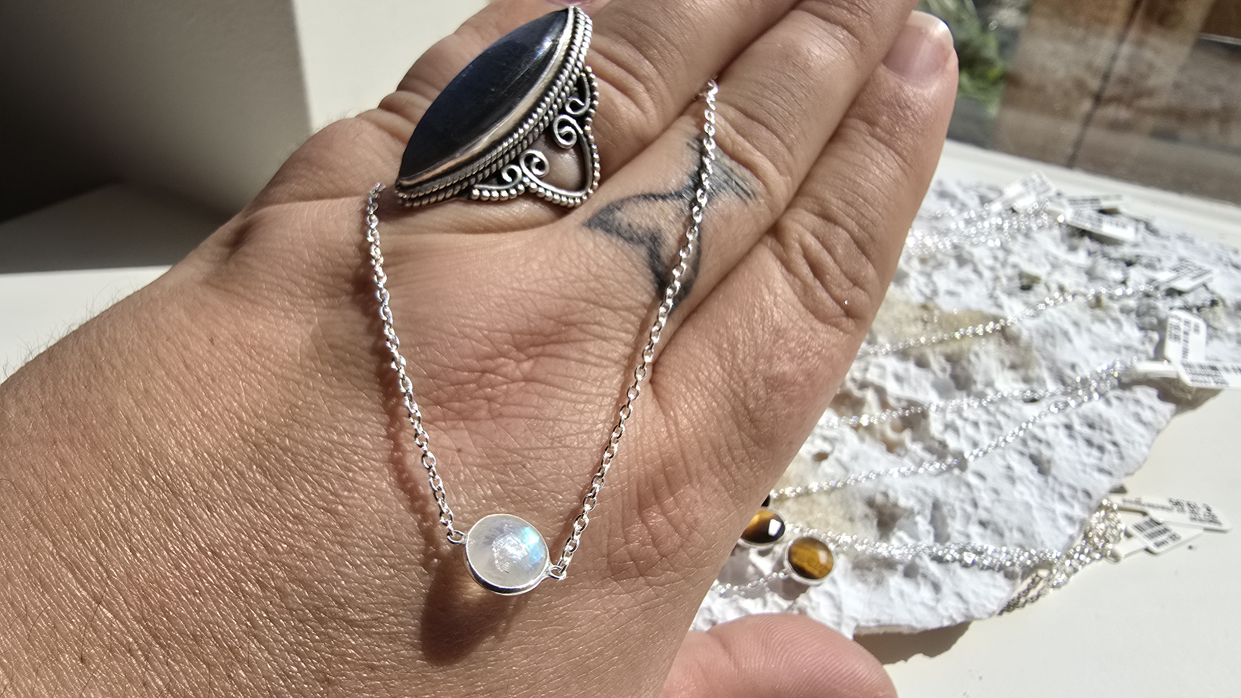 Edelsteen zilver armband Maansteen Rond (enkel)
