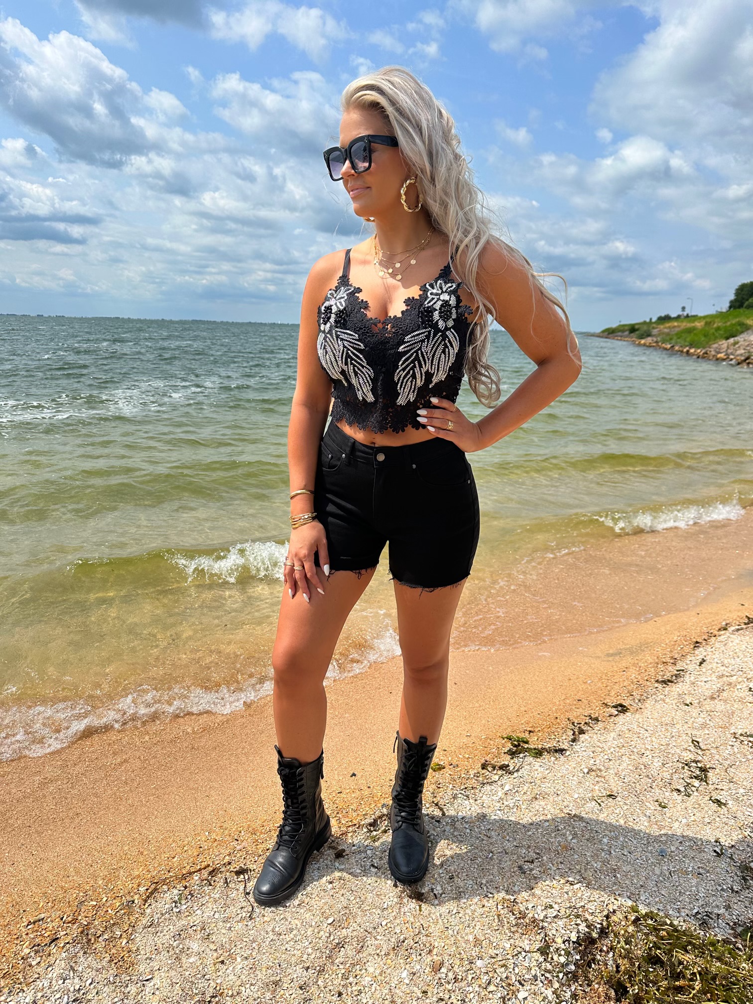 Black denim short
