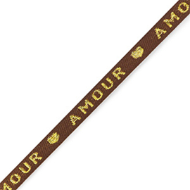 Lint tekst "amour" Brown-gold, per meter