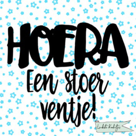 Sluitsticker op rol  50mm Baby Hoera een stoer V/M  verpakt in PP-zakjes.