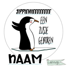 Sluitsticker Baby  Pinquin Jippiehiieeeeee  Broertje/zusje verpakt in PP-zakjes.