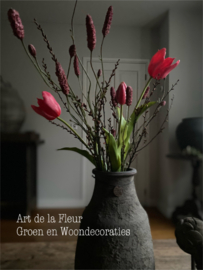 Franse kunst Tulpen ( 3 ) met Pimpernel ( 2 ) en Gagel hard Roze