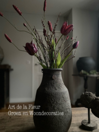 Franse kunst Tulpen ( 3 ) met Pimpernel ( 2 ) en Gagel Aubergine