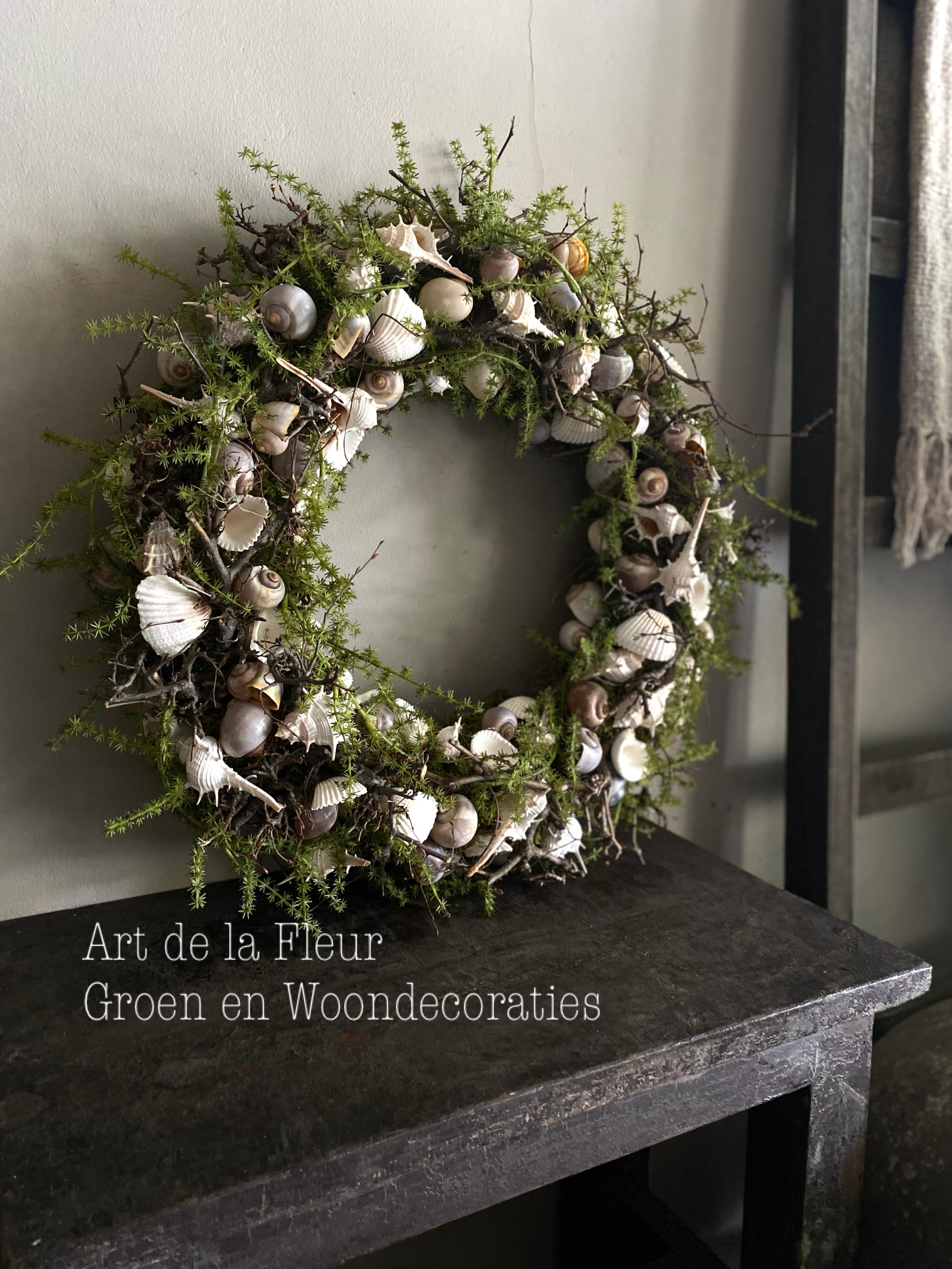 Krans met kunst Asparagus en schelpen 50 cm