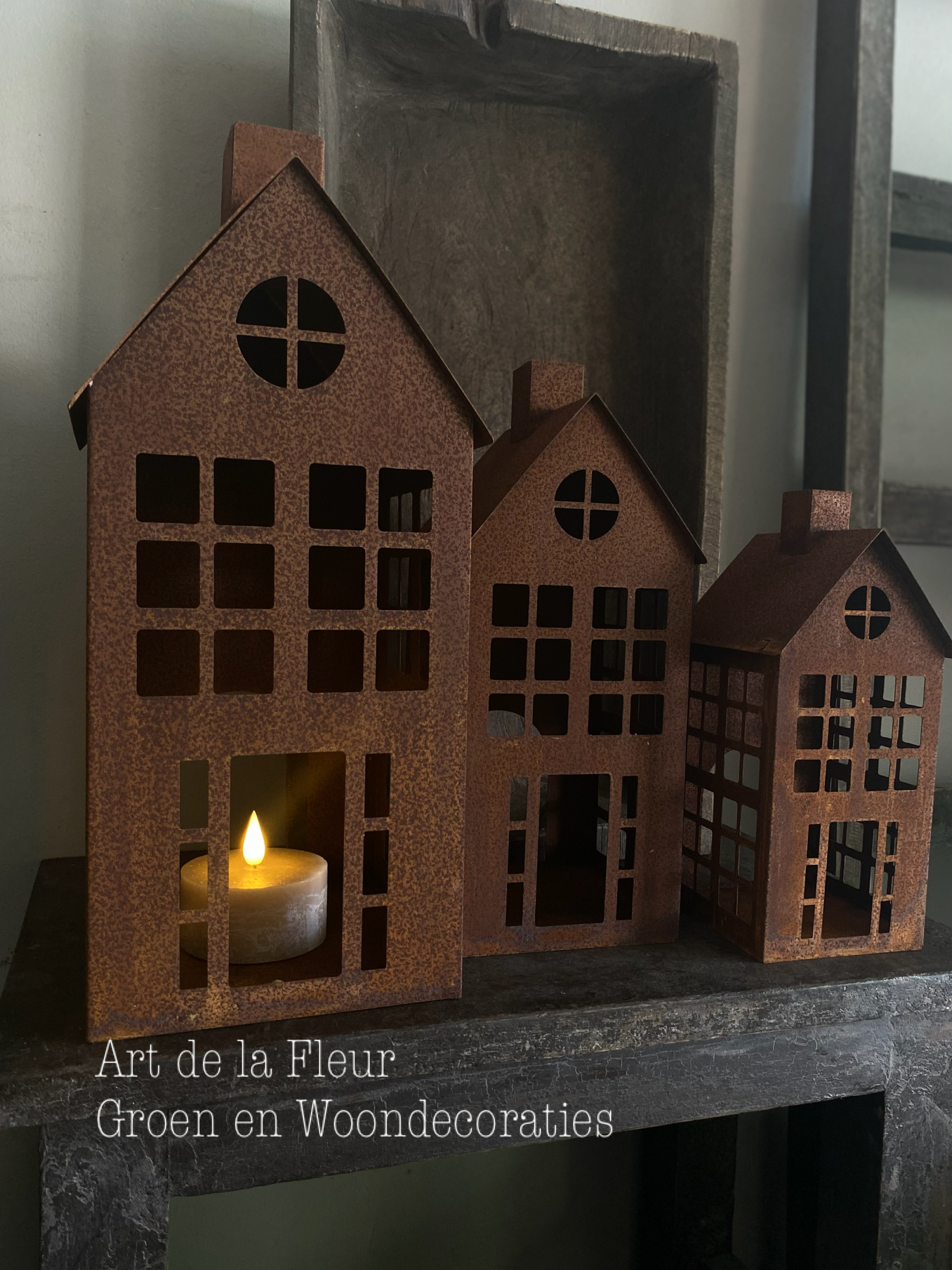 Theelicht huisje S roest 11 x 11 x 25