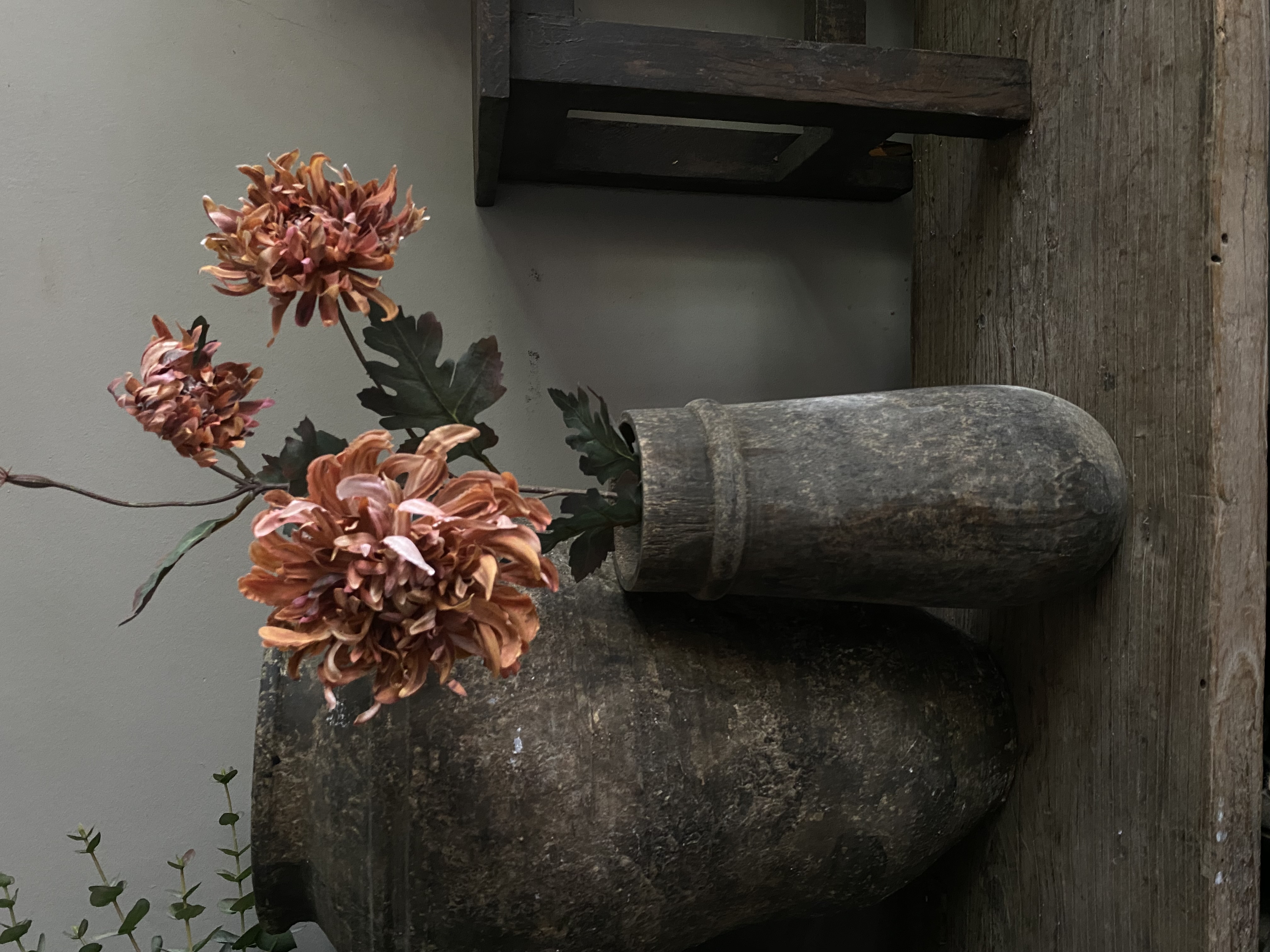Chrysant Dried look 3 bloemen op steel