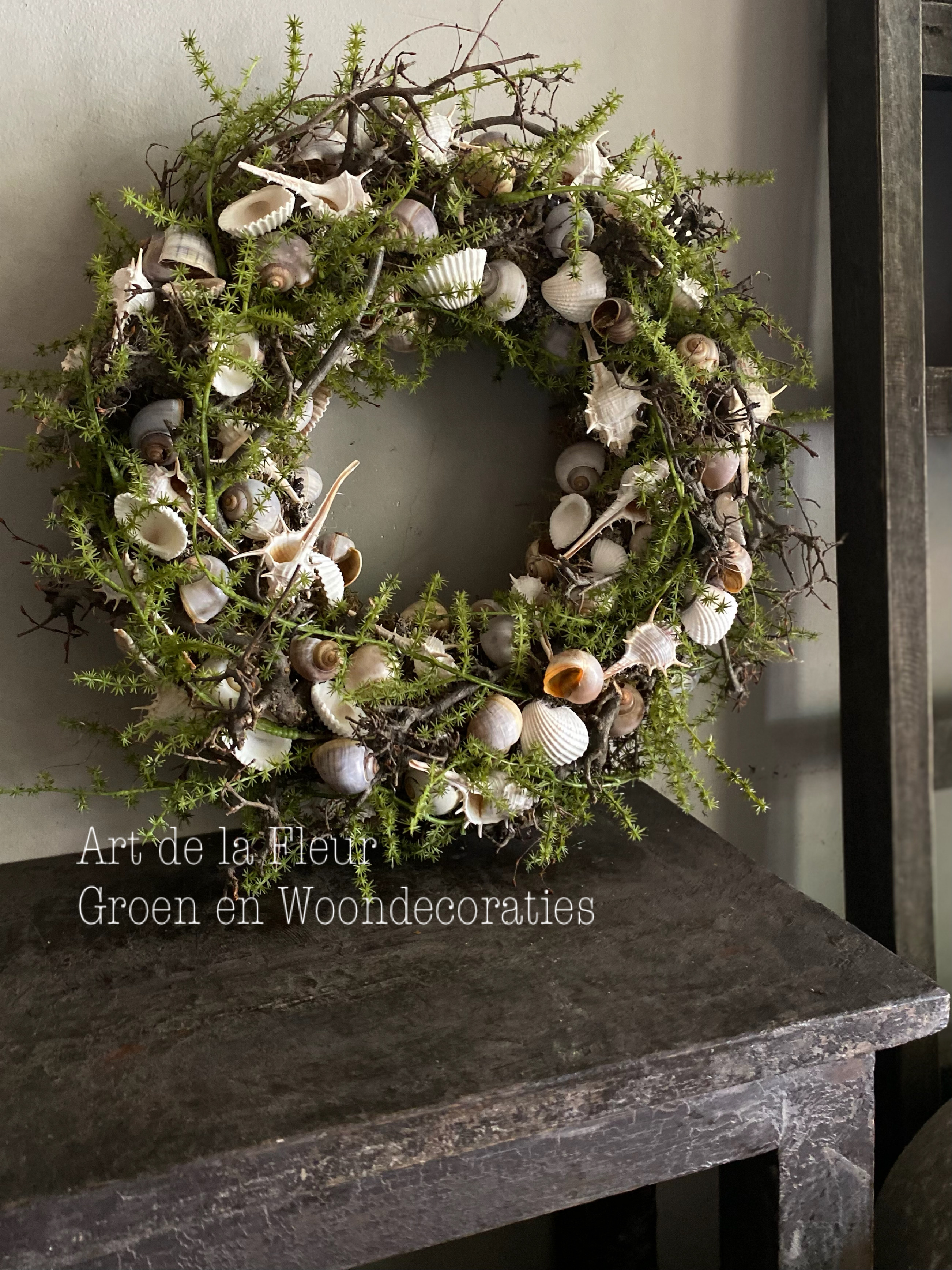 Krans met kunst Asparagus en schelpen 40 cm