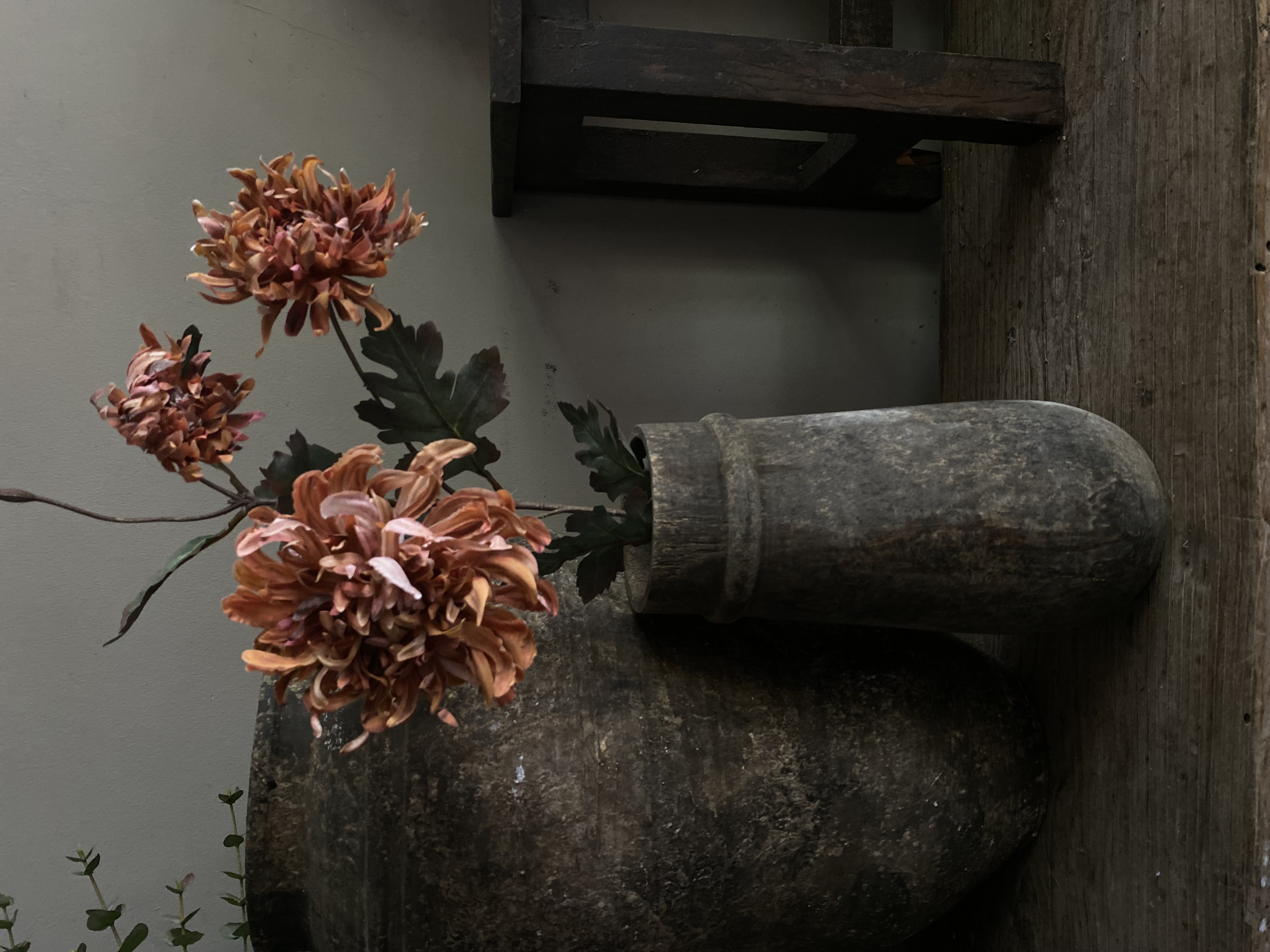 Chrysant Dried look 3 bloemen op steel