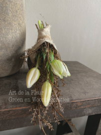 Klein toefje met witte kunst Tulpjes en kunst Gagel