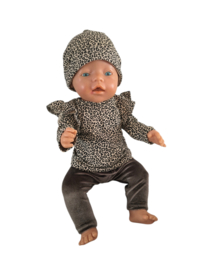 Poppensetje leopard zand met legging en muts voor babyborn